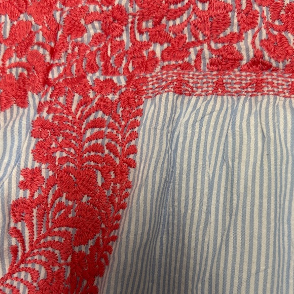 Elegant Red Lace and Blue Striped Blouse - Picture 3 of 3